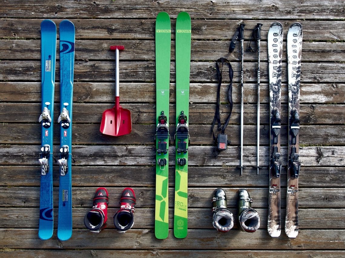 Ski equipment in storage